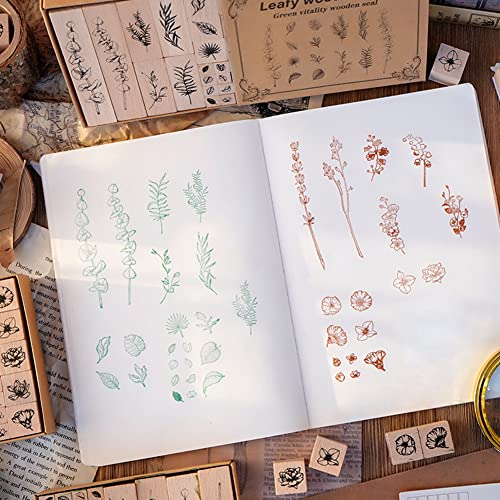 22 Pcs Plant Wooden Rubber Stamp Set for DIY Craft Projects | Crisp imprint detail, Natural wood handle, Sturdy stamping surface - color: Plant 1