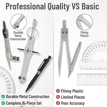 Mr. Pen- Geometry Set, 15 Piece Set with 6 Inch Swing Arm Protractor - color: Classic Slate