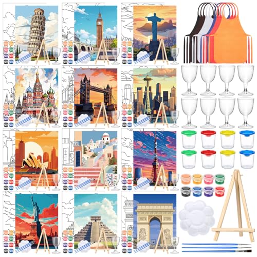 Sherr 96 Pcs 12 Sets Pre Drawn Canvas Kit for Painting Craft Sip and Paint Kit for Adults Pre Printed Canvas Painting Favor for DIY Birthday Gifts Adult's Date Party, 8 x 10 Inches (City) - style: City