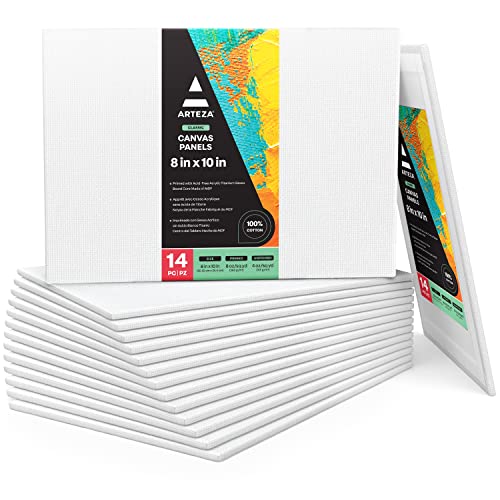 ARTEZA Canvas Panels, 8 x 10 in, Pack of 14, 100% Cotton Pre-Primed Canvas Boards for Acrylic, Oil, Gouache, Tempera, Pouring Paint, Crafts, and Mixed Media - size: 10"L x 8"W