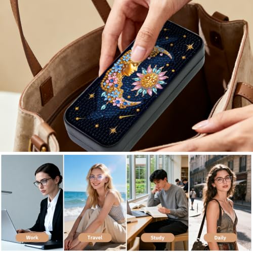 Sun Moon 5D Diamond Art Painting Kit, Hard Shell Eyeglasses Glasses Case | DIY Special Shaped Diamond Dots, Small Gem Art Paint Mosaic Kits, Cute Rhinestone Sunglasses Case for Adults Beginner Women - color: Black Sun & Moon