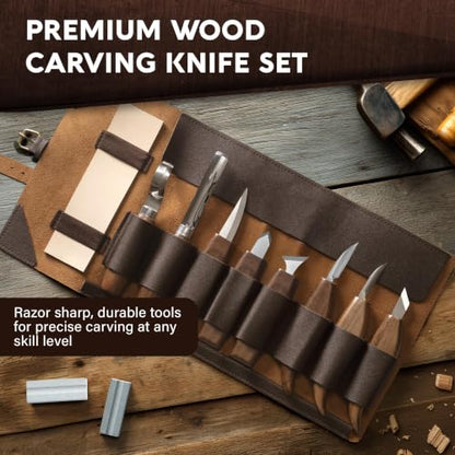 Complete Wood Carving Kit for Beginners - Gift Ready Complete Tools Set | Whittling Kit with 8 Wood Carving Knives, Spoon Carving Tools, Wood Blocks, Gloves, Roll Bag and Sharpening Strop