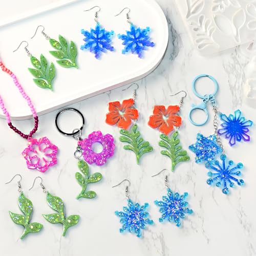 Resin Earring Mold, Set of 4 Variety Earring Casting Mold with Hole | Snowflakes Flower Leaf Shape Earring Silicone Molds for Epoxy Resin Crafting Jewelry Pendant Keychain DIY Gift - color: 4PCS Flower Jewelry Molds