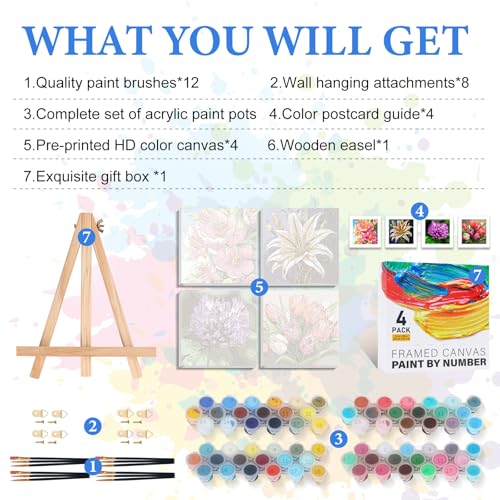 PRASIO 4 Pack Paint by Numbers Kit for Adults Framed Canvas with Wooden Easel, Flowers Easy Paint by Number Kits with Frame, Acrylic Watercolor Adult Paint by Number Kits on Canvas Framed 10x10 Inch - color: OP-4P-F-Flowers-2525
