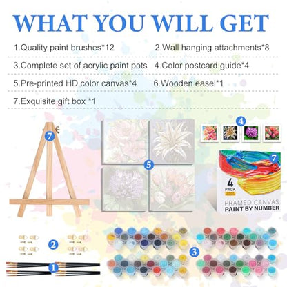 PRASIO 4 Pack Paint by Numbers Kit for Adults Framed Canvas with Wooden Easel, Flowers Easy Paint by Number Kits with Frame, Acrylic Watercolor Adult Paint by Number Kits on Canvas Framed 10x10 Inch - color: OP-4P-F-Flowers-2525