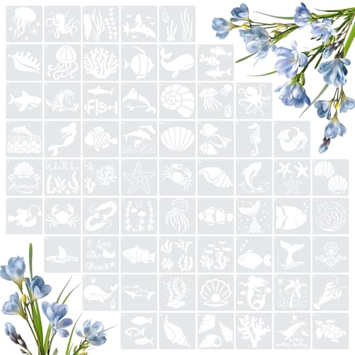Amrules 65 Pcs Painting Stencils, Ocean Theme, 4 x 4 Inch | Plastic, Drawing Templates Set for Crafts, Reusable DIY Art Stencil, For Wood, Walls, Cards, Fabrics, Rocks, Home Decoration - style: Ocean