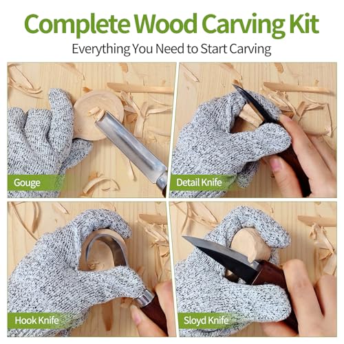 Wood Carving Kit - 12Pcs Wood Carving Tools Set with Storage Bag,Carving Knife Set with 4Pcs Whittling Knives, 5Pcs Detail Carving Knives,Wood Whittling Kit for Beginners Adults Kids