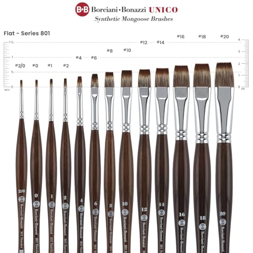 Borciani e Bonazzi Unico Synthetic Mongoose Artist Paint Brush - Series 801 Flat - Size #2 - Watercolors, Oil & Acrylic Paint - Handcrafted in Italy, Anti-Roll Design, Ergonomic Medium Handle - size: 2