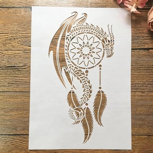 TIAMECH A4 Reusable Dragon Stencil for Painting | Dragon on Wind Chime Tassel Layering Template, DIY Wall Art, Wood Furniture, Scrapbook & Crafts (8.3x11.7inch) - style: Dragon