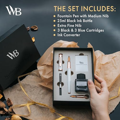 Wordsworth & Black Fountain Pen Gift Set, Medium & Extra Fine Nib, White Rose - color: White Rose Gold