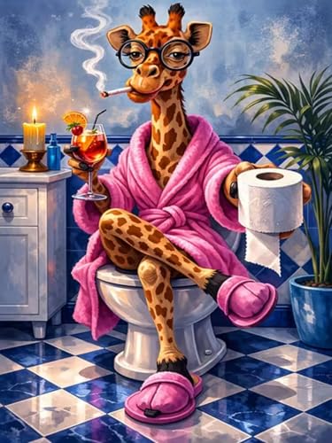 CHWGLFGG 5D Giraffe Diamond Art Kits for Adults Beginners 12x16inch | Cute Animal on Toilet Diamond Painting Kit, DIY Full Round Drill Paint by Diamonds Dot Gem Art for Adult, Home Wall Decor - color: KM1196-1