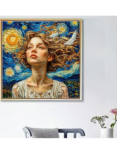ALEXMACLIST 5D Diamond Painting Kit for Adults, Starry Night Inspired Girl with Windblown Hair DIY Diamond Art, Full Drill Rhinestone Embroidery Craft for Home Decor, 14x14inch (Without Frame) - color: Starry Night Inspired Girl