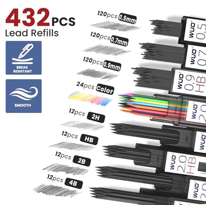 WUO Mechanical Pencil Set, 5 Pack Drafting Pencils 0.5/0.7/0.9/2.0/2.0mm | Mechanical drawing pencils, 432 lead refills, erasers/sharpeners for drafting, technical drawing, sketching, writing & art - color: Grey, size: 0.5/0.7/0.9/2.0