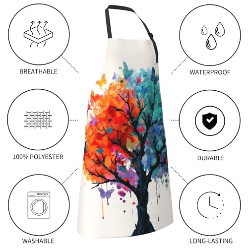 Art Apron with Pocket for Women Men | Kitchen Aprons Chef Apron for Cooking Baking BBQ Painting Gardening - color: Colorful Tree With Butterflies