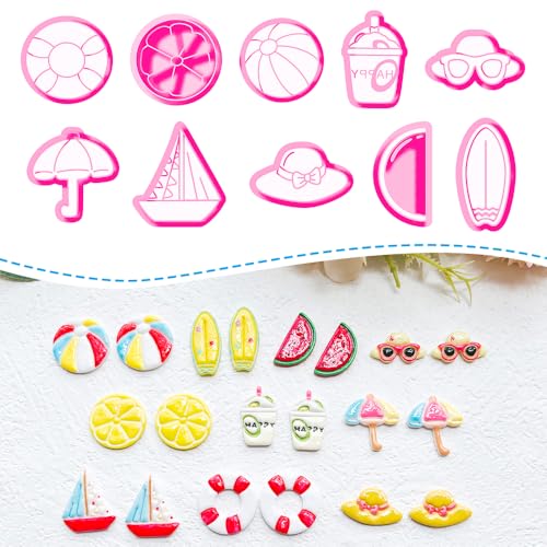 Summer Beach Polymer Clay Cutters Set Vacation Shapes Including Watermelon, Lemon, Sailboat, Surfboard & Beach Ball for DIY Earring Jewelry, Soft Clay Crafts, Scrapbooking & Miniature Decor - color: H color