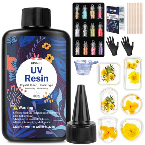 KISREL UV Resin Jewelry Making Kit - 100g Crystal Clear UV Resin and Jewelry Molds, Fast Curing for Keychains, Earring Making, DIY Craft Decorations - size: 100g