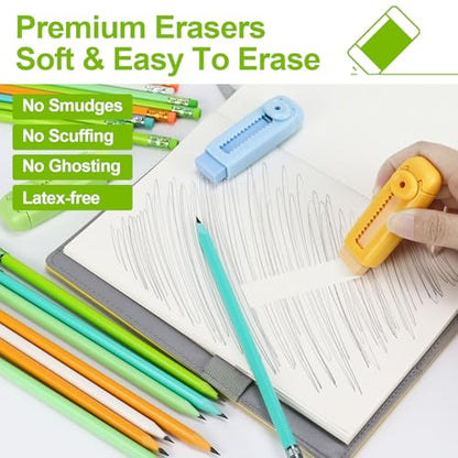 Buqoo 50 PCS Cute Wooden Lead Pencil Pro Art and Sketching Pencil Kit | Comes with 3 Push-Pull Refillable Erasers, Drawing Supplies, Charcoal Pencils, Charcoal Pencils for Drawing - color: Green