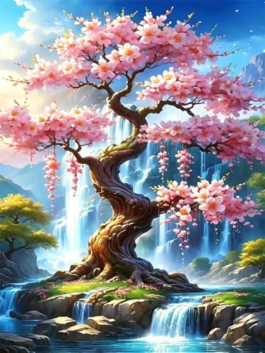 TYPUSOK Waterfall Diamond Art Kits for Adults,Round Full Drill 5D Diamond Painting Kits for Beginners,Cherry Blossoms DIY Diamond Dots Pictures Gem Art Kit,Home Wall Decor 12x16in - color: Tree