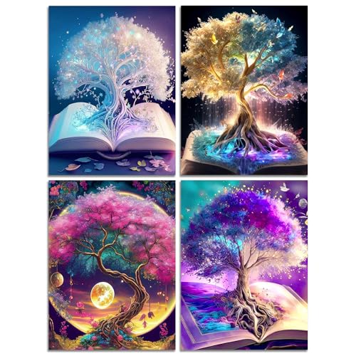 Muzagroo Art Diamond Painting Kits for Adults, DIY 5D Diamond Art Kits for Beginners, Tree of Life Canvas Arts and Crafts for Living Room, Kids Room 4 PCS Wall Art - color: 10-Life Tree