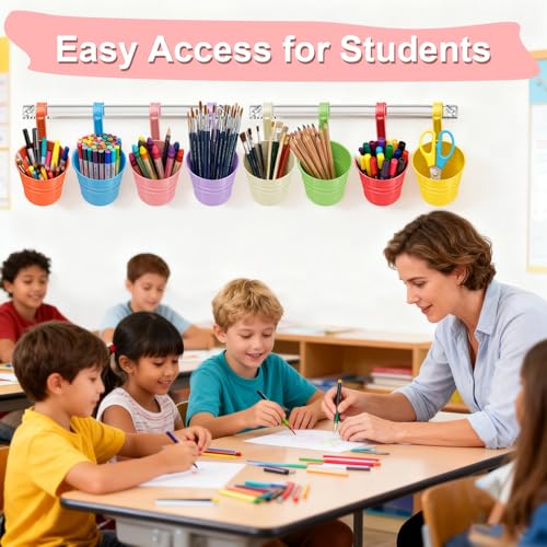 Vowcarol 8 Pack Metal Pencil Holder Crayon Organizer for Classroom with Hanging Rack for Wall, Crayon Holder Hanging Art Storage Buckets for Classroom
