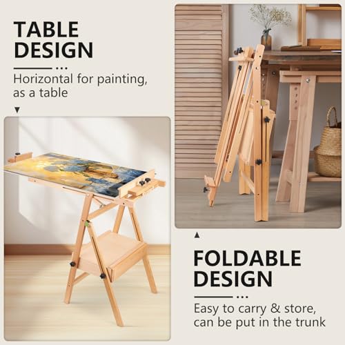 YOKUGO Beech Wood H-Frame Painting Easel with Storage Drawer, Natural | Heavy-duty Studio Easel, Adjustable Height & Angle Floor Easel Stand, Holds 30"-50" Canvas, Foldable Artist Easel for Adults - color: Natural