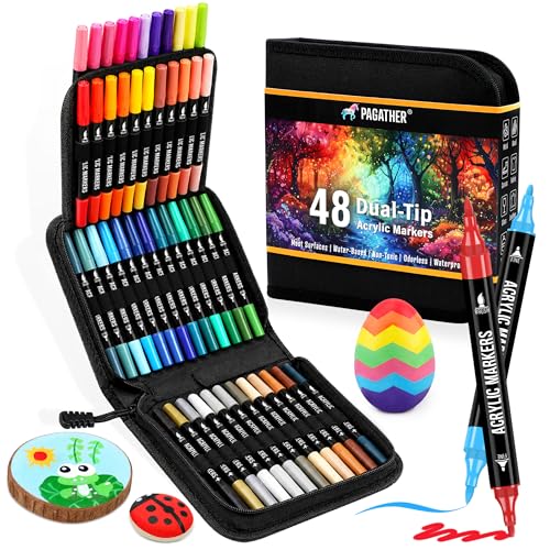 Pagather Acrylic Paint Markers, 48 Colors Dual Tip Fine & Brush Pens Set | For Rocks, Fabric, Wood, Glass & More, Perfect for DIY Crafts and Creative Art Projects with Bright, Smooth and Quick-Dry Ink - color: 48 Colors