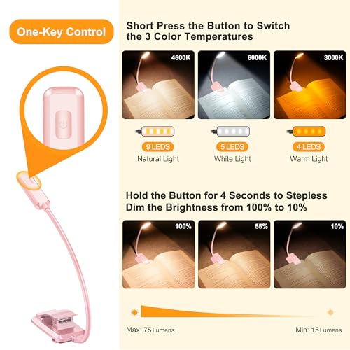 Gritin 9 LED Rechargeable Book Light for Reading in Bed | Eye Caring 3 Color Temps,Stepless Dimming Brightness,80 Hrs Runtime Small Lightweight Clip On Book Reading Light-Pink - color: Pink