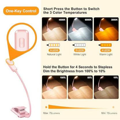 Gritin 9 LED Rechargeable Book Light for Reading in Bed | Eye Caring 3 Color Temps,Stepless Dimming Brightness,80 Hrs Runtime Small Lightweight Clip On Book Reading Light-Pink - color: Pink