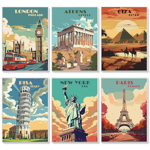 6 Pack Paint by Numbers Kit for Adults, Travel Number Painting, 10x14 Inch | DIY Adult Paint by Number Kits on Canvas for Beginners, without Frame, Vintage Travel Wall Decor, Stress Relief Craft Gift - color: TRTDOP6P103
