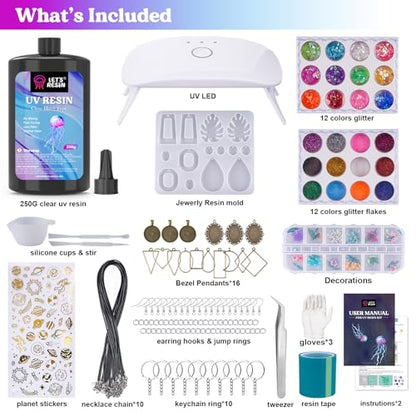 LET'S RESIN 250g UV Resin Jewelry Making Kit, 153Pcs Starter Kit with Light - size: 250g Jewelry Making Kit
