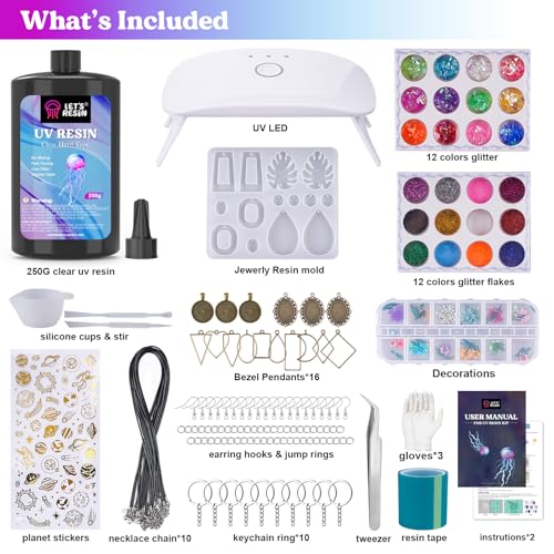 LET'S RESIN 250g UV Resin Jewelry Making Kit, 153Pcs Starter Kit with Light - size: 250g Jewelry Making Kit