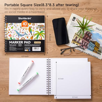 Shuttle Art Marker Pad, 8.9”x8.3” Portable Sketchbook, 40 Sheets Marker Drawing Paper, 110LB/180GSM Smooth Surface Bleedproof Art Paper, Spiral-Bound, Great for Beginners to Draw, Paint & Sketch - size: 8.9x8.3 inch