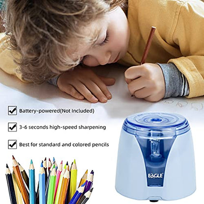 Eagle Electric Pencil Sharpener, Battery Powered, Large Shaving Holders, Carbon Steel Blades, Portable, Reusable and Replaceable Blade, Suitable for Kids, Home, School and Office use (Blue) - color: Blue
