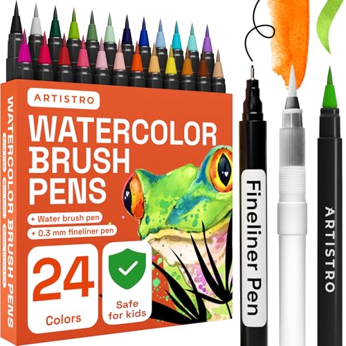 ARTISTRO 24 Watercolor Markers with Flexible Paint Brush Pens for Pros & Beginners - Consistent, Smooth, Bright, Washable, Non-Toxic, Ideal for Coloring, Calligraphy, & Manga - style: 24 Brush Tip