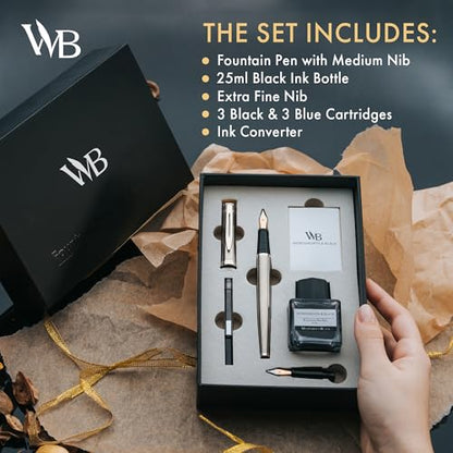 Wordsworth & Black Fountain Pen Gift Set, Medium & Extra Fine Nib, Silver | For Men & Women, Brass Body, 18K German Iridium, Ink Bottle + 6 Cartridges, Converter, Writing & Calligraphy, Journaling - color: Silver Chrome