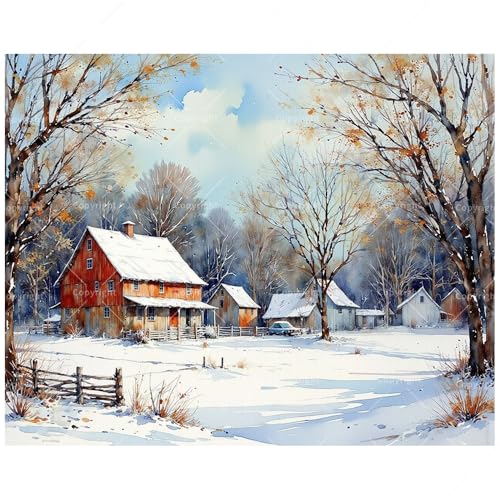 Country Winter Paint by Numbers Kit for Adults - DIY Snowy Red Barn and Rural Houses Painting on Canvas, Acrylic Paint Set, Suitable for Beginners, Art for Home Decoration or Gifts(8X12IN Framed) - color: HSX00410, size: 8X12IN Framed