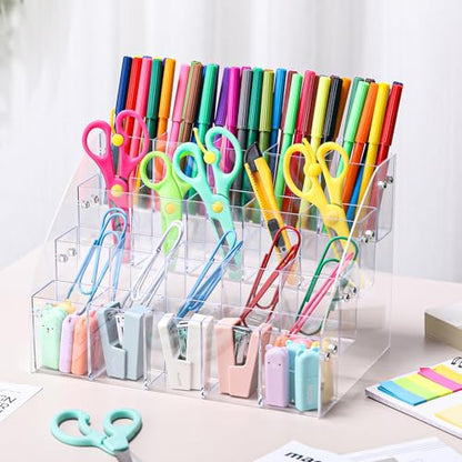Cinnvoice Acrylic Pen Organizer 4 Tier 20 Compartments Clear Vertical Marker & Pencil Holder Large Desk Stationery & Art Supply Storage for Desk, Office, School, Easy Assembly, 10.4 x 7.1 x 7.5 Inch