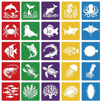 CUTHOLLOW Animals Fruit Plant Stencils, 24PCS 8-Inch Reusable Plastic | 24PCS 8-Inch Animals, Fruit & Plant Shapes, Reusable Washable Plastic, Painting, Crafts, Wall Art & Sidewalk Chalk - style: Marine Creatures
