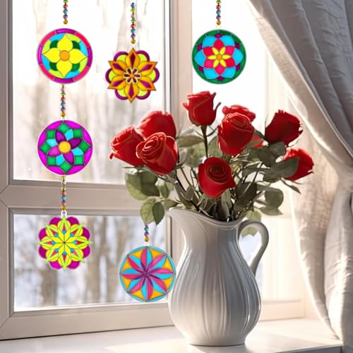 30 Sets Mandala Suncatchers Craft Kits Stained Glass DIY Window Paint Art | 30-piece Flower window art kit with mandala designs, perfect for spring crafts, summer parties, and creative activities - style: Mandala