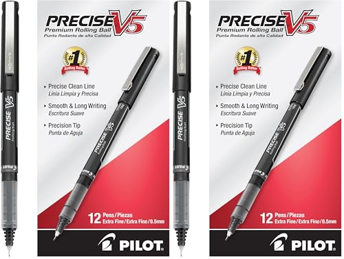 PILOT Precise V5 Rollerball Pens,Extra Fine Point 0.5 mm Black Pens,Black,- Ideal for School,Journaling & Office Writing,12 Count (Pack of 2) - color: Black, size: 12 Count (Pack of 2)