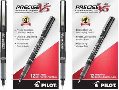 PILOT Precise V5 Rollerball Pens,Extra Fine Point 0.5 mm Black Pens,Black,- Ideal for School,Journaling & Office Writing,12 Count (Pack of 2) - color: Black, size: 12 Count (Pack of 2)
