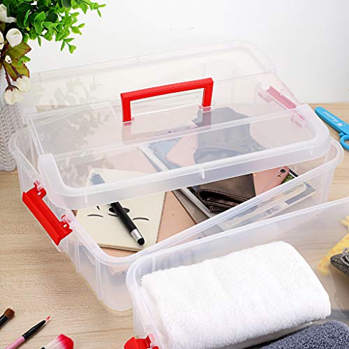 JUXYES 2-Tiers Plastic Stack Carry Storage Containers Box wih Handle Lids - color: Red