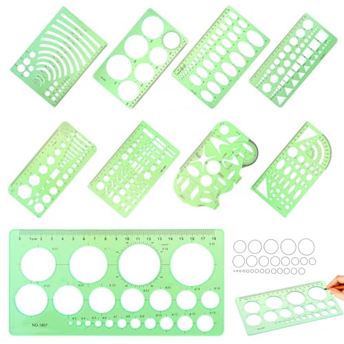 9 Piece Geometric Drawing Template Measuring Ruler Geometric Measuring Tools Transparent Green Plastic Ruler for Studying, Designing and Building