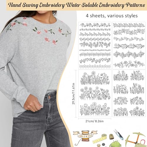 Water Soluble Stabilizer for Embroidery - Flower Stick & Stitch Embroidery Paper Wash Away, Floral Lace Frame Hand Sewing Embroider Patterns for Jean Bag T-Shirt (4 Sheets) - style: Flower013