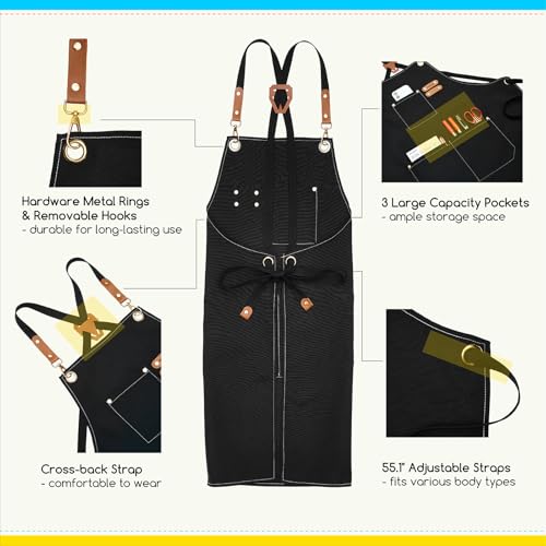 MEEDEN Painting Apron for Men Women: Adjustable Cross Back Waterproof | Polyester Canvas Art Apron with 3 Pockets - Artist Apron for Acrylic Oil & Watercolor Painting, Gardening, Cooking - Black - color: Black