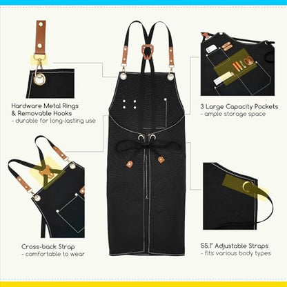 MEEDEN Painting Apron for Men Women: Adjustable Cross Back Waterproof | Polyester Canvas Art Apron with 3 Pockets - Artist Apron for Acrylic Oil & Watercolor Painting, Gardening, Cooking - Black - color: Black