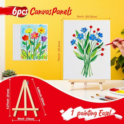 Canvas for Painting with Mini Easel, 6 Pack 8x10 Canvas Board with 1 Wood Easel Blank Cotton Primed for Kids & Beginners for Acrylic, Oil, Watercolor Paint