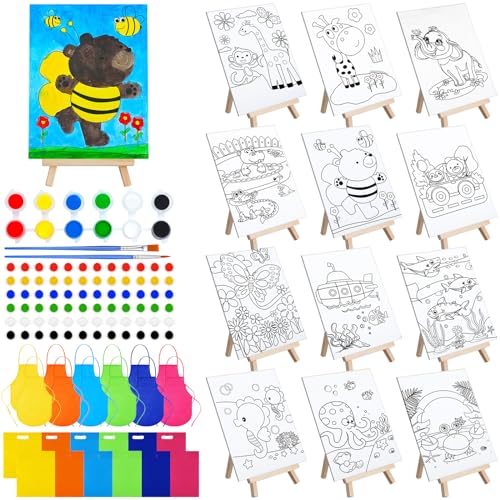 Tenceur 48 Pcs Kids Paint Party Favors Sets with 12 Pcs Animals Oceans Pre Drawn Canvas Panel and Wooden Easel Set Paint Pots and Brushes 12 Mini Apron and Tote Bag for Kids Girls Student Boys - style: Fresh