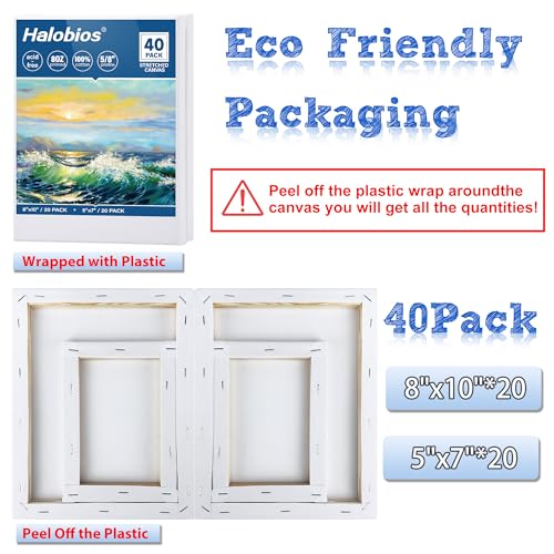 Halobios Blank Canvas for Painting, Bulk Pack of 40-8x10 inches, 5x7inch(20 of Each), 100% Cotton, Primed, 5/8 Inch Profile of Super Value Canvas Pack for Acrylics, Oils & Other Painting Media - size: 40 Pack Mixed - 8×10IN 5×7IN
