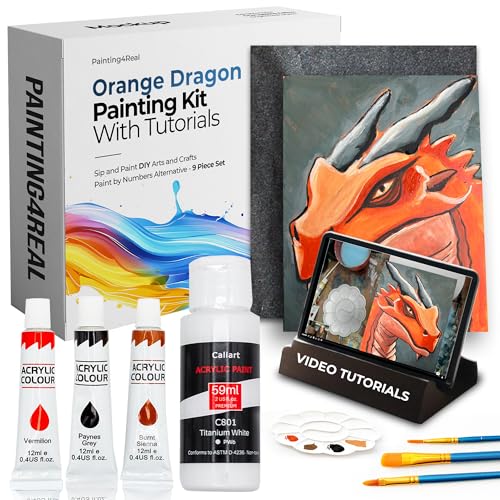 Painting4Real DIY Painting Class Kits for Adults with Video Tutorials, Learn to Paint Orange Dragon, How to Paint with Acrylic Paint Sets for Adult, 9 Peices Art Set & Painting Supplies Gifts for Mom - color: Orange Dragon